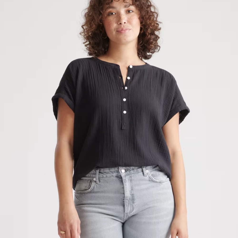 Quince Womens100% Organic Cotton Gauze Roll Sleeve Shirt Black Sleeved Top S